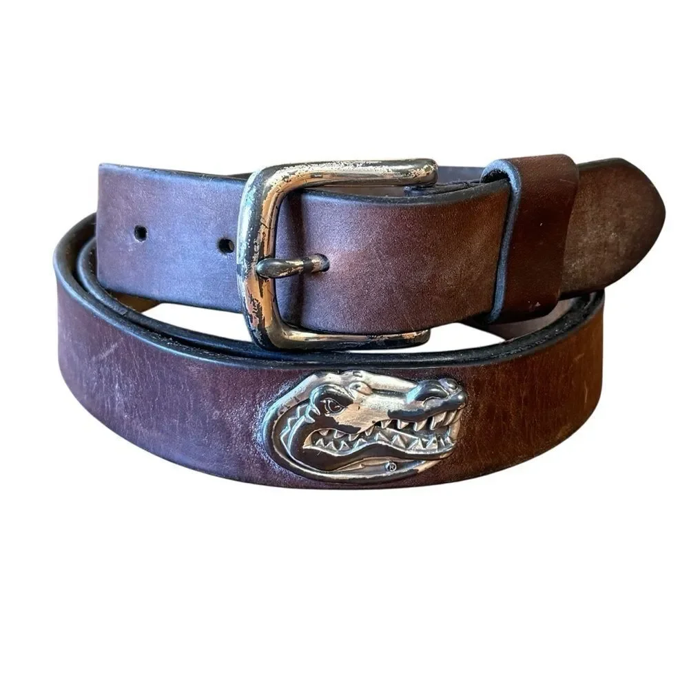 Cognac Brown Leather Florida Gators Belt with Silver Buckle Size 44
